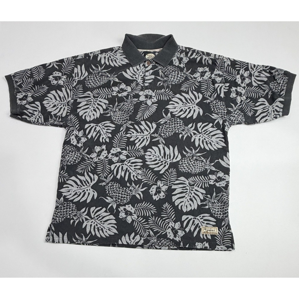 Vtg Tommy Bahama Hawaiian Polo Shirt XL Gray Tropical Pineapple Heavy Cotton